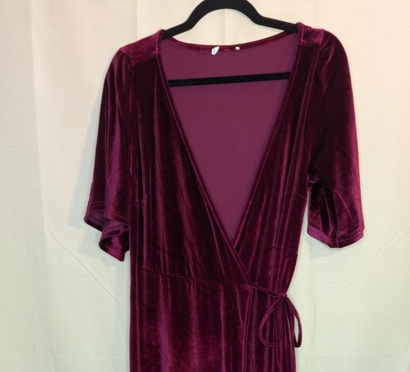 Baltic Born Size M Mulberry Velvet Short Flutter Sleeve Wrap Maxi Dress