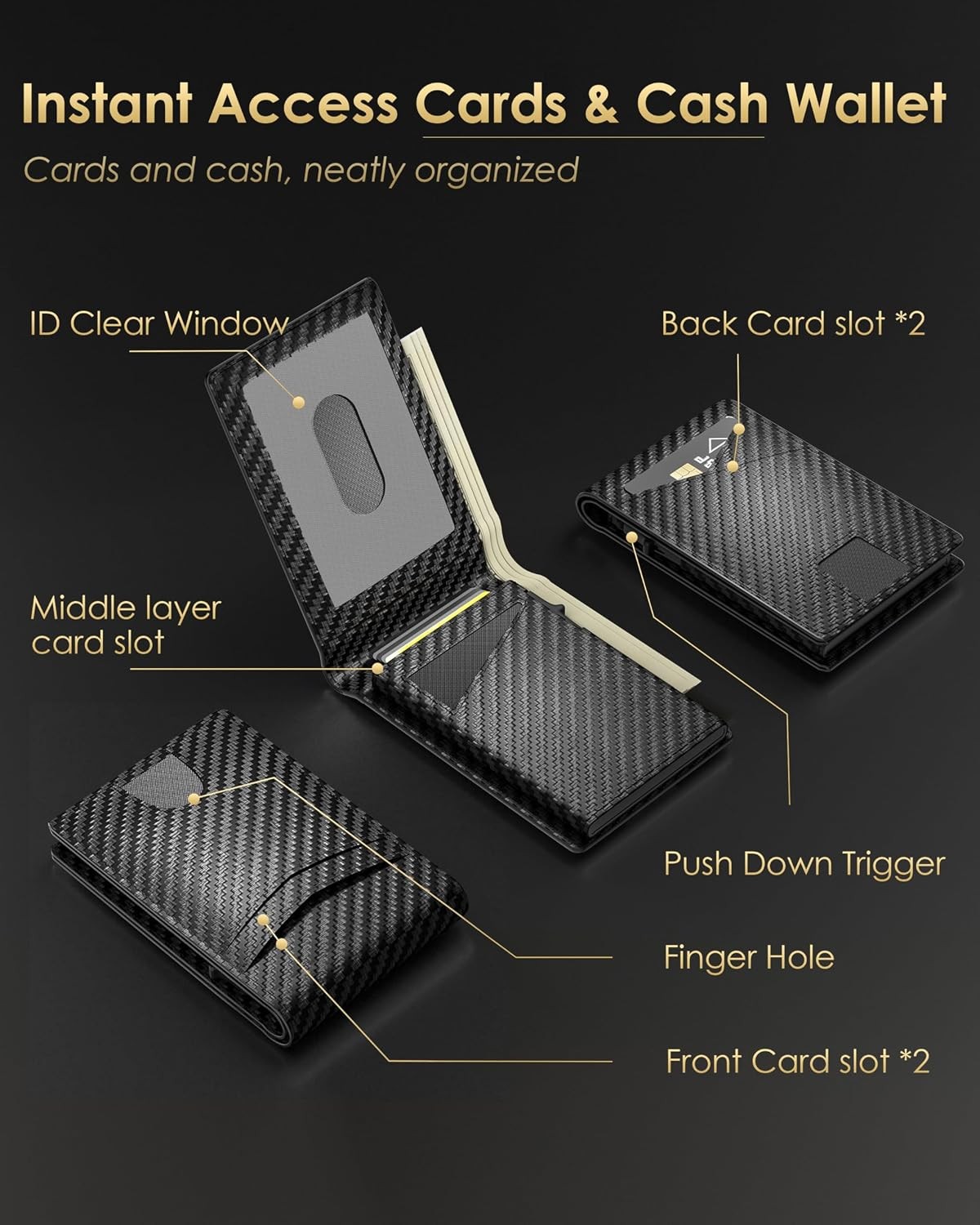 Mens RFID Blocking Wallet Carbon Fiber Slim Bifold Pop Up Credit Card Holder ID