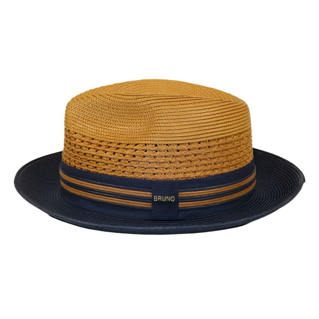 Men’s Bruno Capelo Hollywood 2-Tone Straw Style Fedora Hat HW798 Cognac/Navy