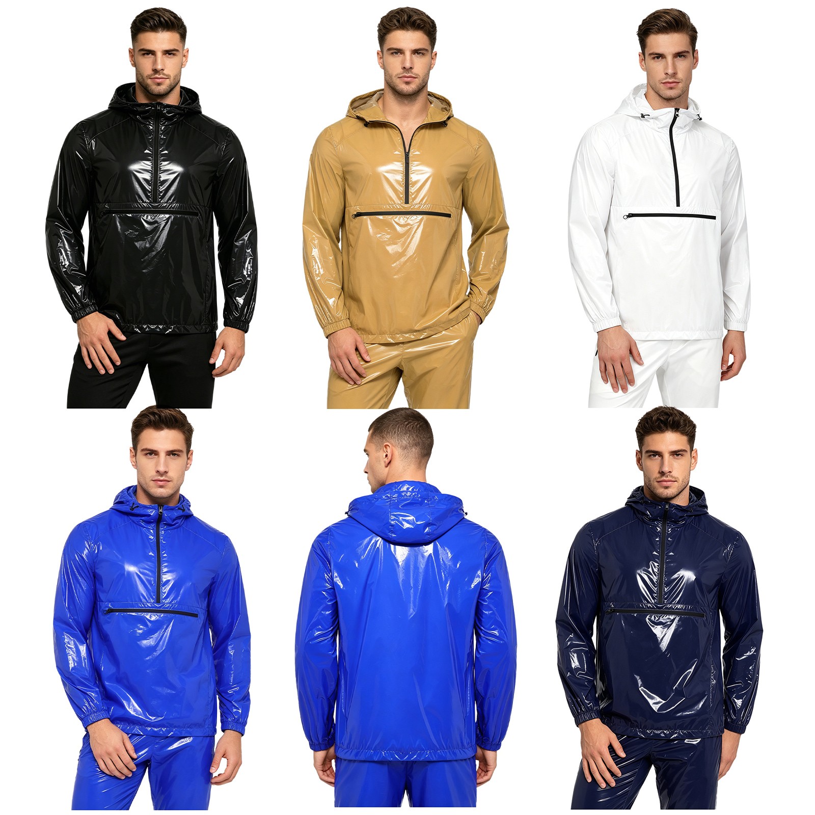 Men’s Raincoat Windproof Hooded Sweatshirt Waterproof Jacket Glossy Windbreaker
