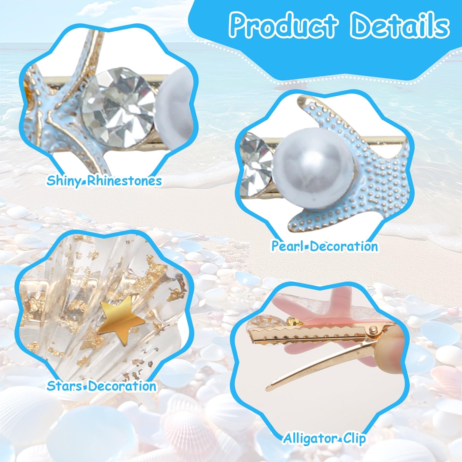 10 PCS Starfish Hair Clips Seashell Clip 1 Count (Pack of 10), pink,blue