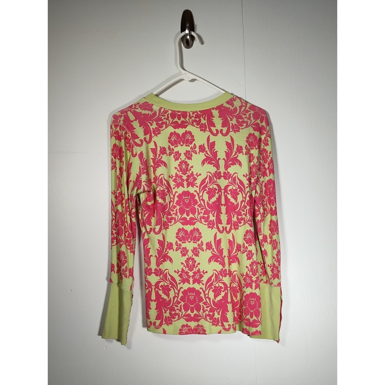 Sundance waffle knit thermal long sleeve top green pink floral M petite