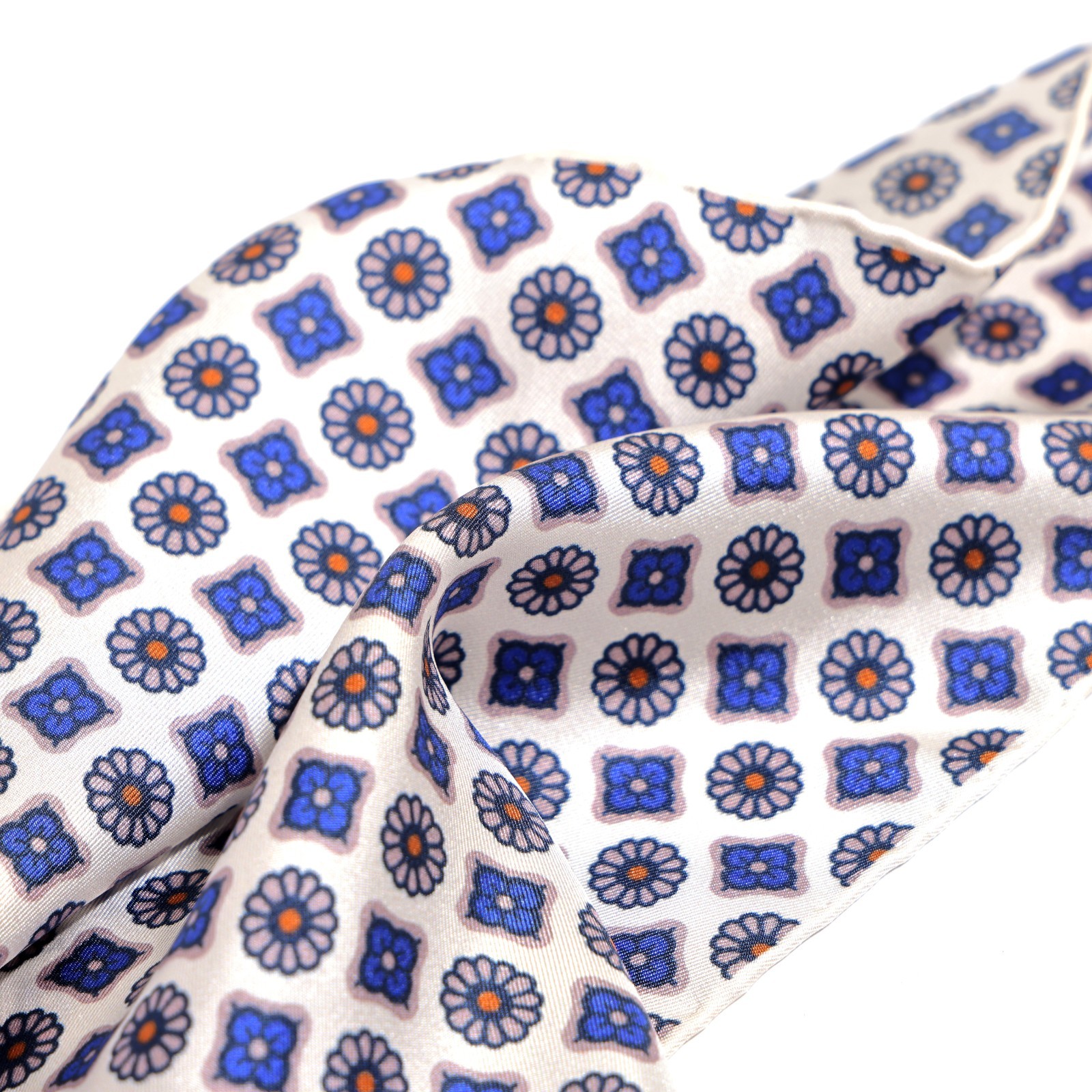 Men’s 100% Silk White Blue Micro Floral Pocket Square Hand Rolled Wedding 11.8″