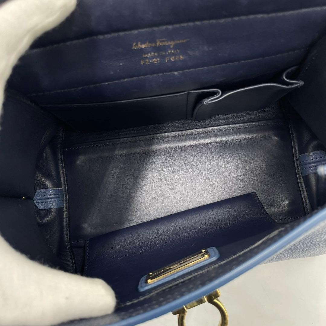 Salvatore Ferragamo Sofia 2way Gancini Leather Handle Crossbody Blue Gold Auth
