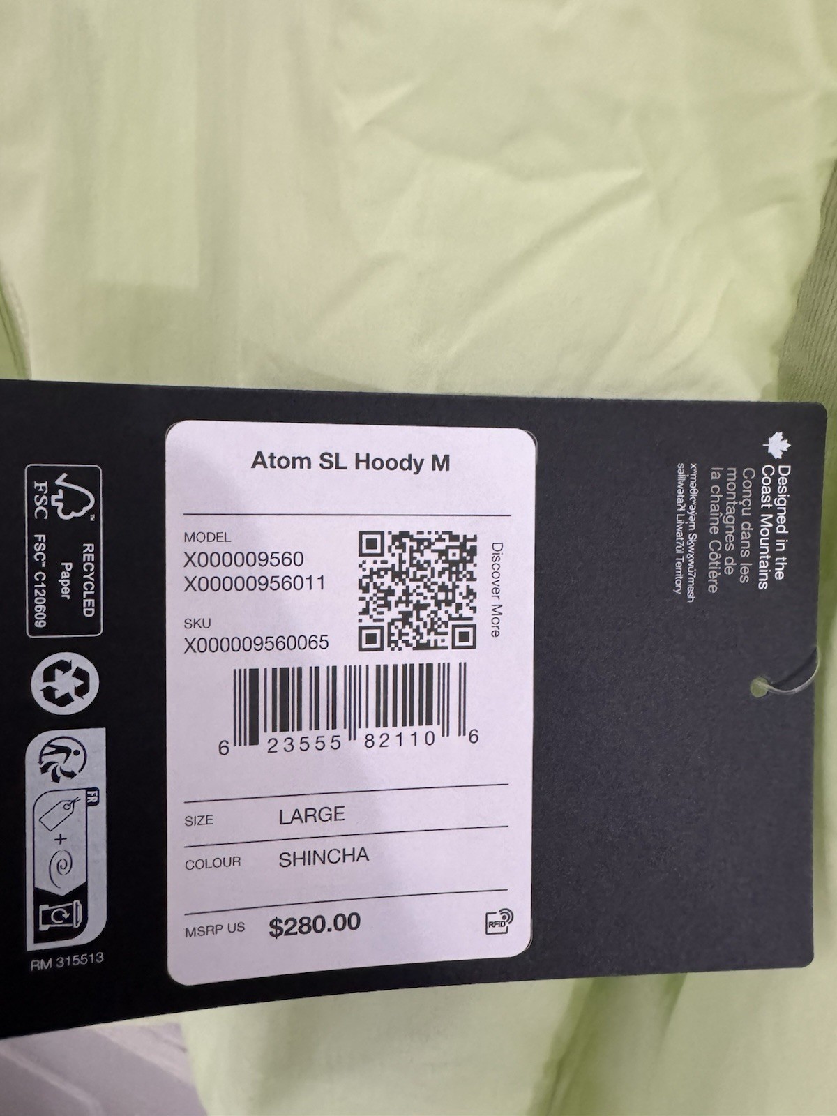 Arcteryx Atom SL Hoody Shincha Size Large