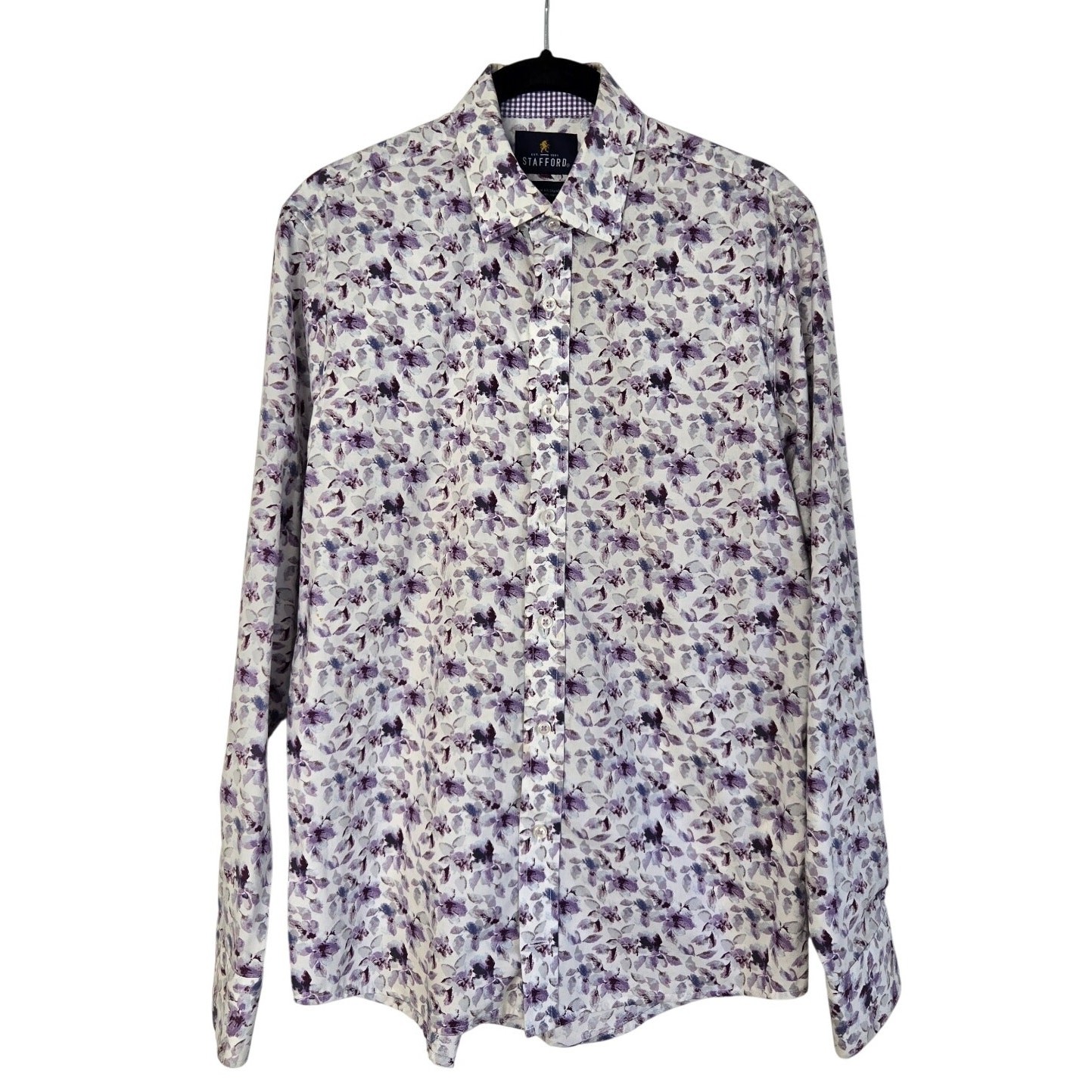 Stafford White Button Down Shirt Purple Blue Watercolor Floral Print Stretch S