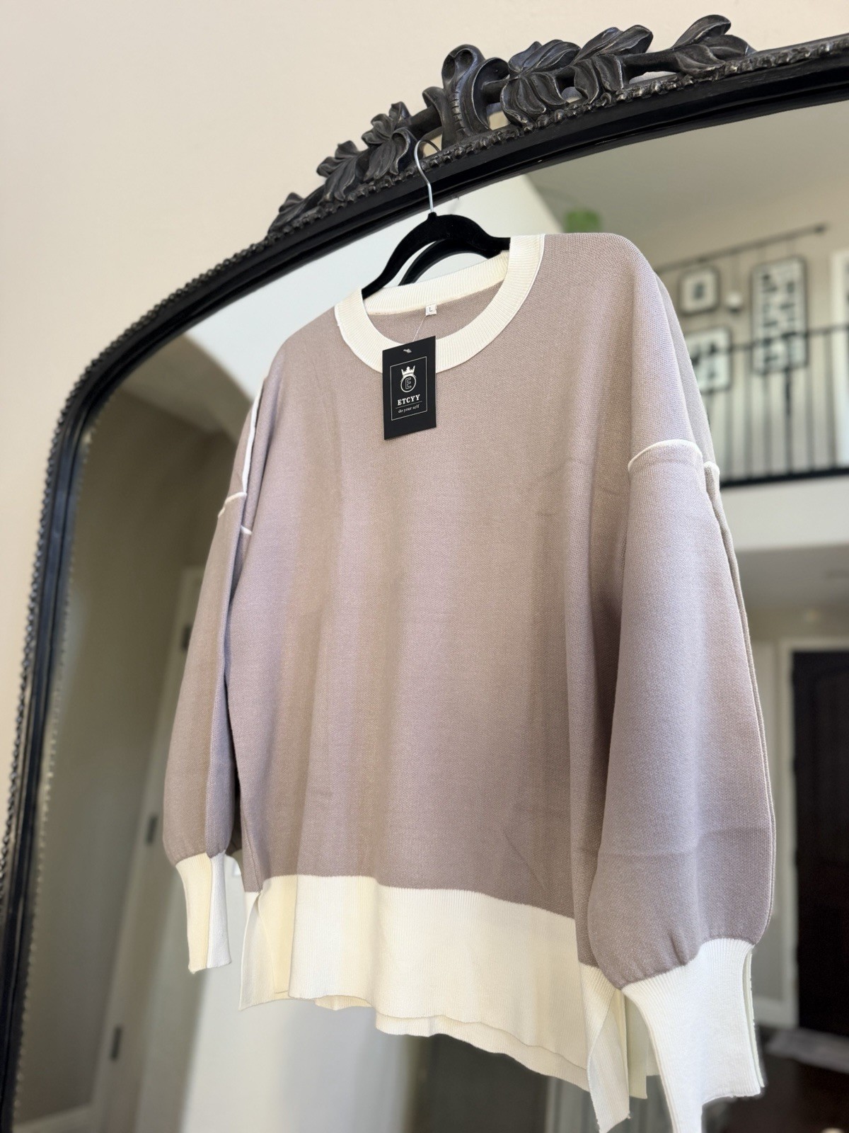 NEW Womens Oversized Colorblock Knit Sweater Crewneck Top Taupe L NWT Batwing