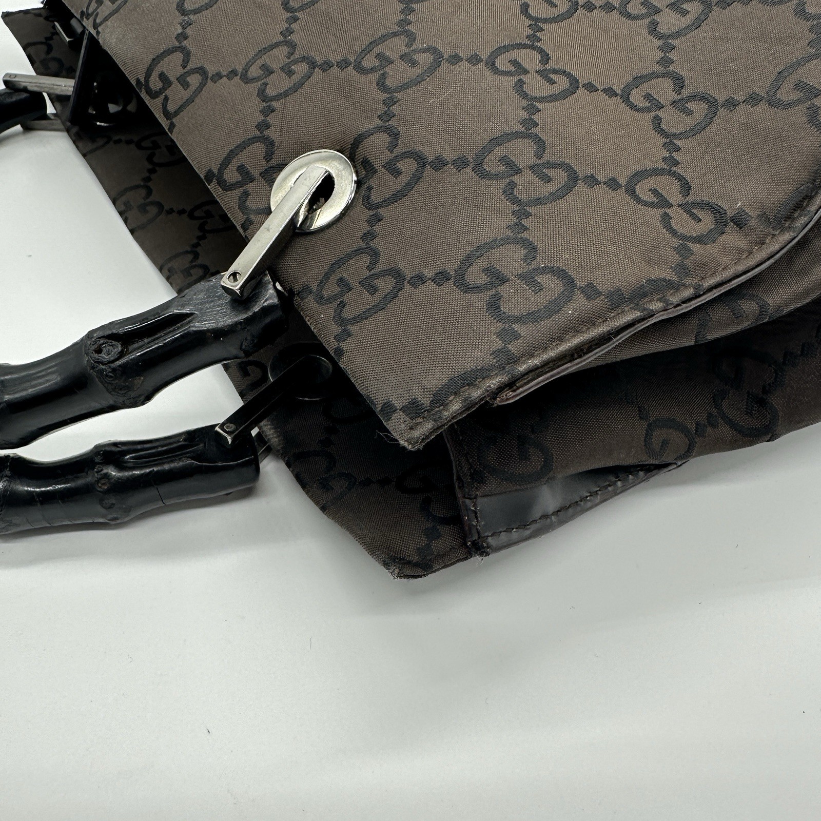 Gucci Handbag Bamboo GG Nylon Dark Brown Purse Double Handle Authentic