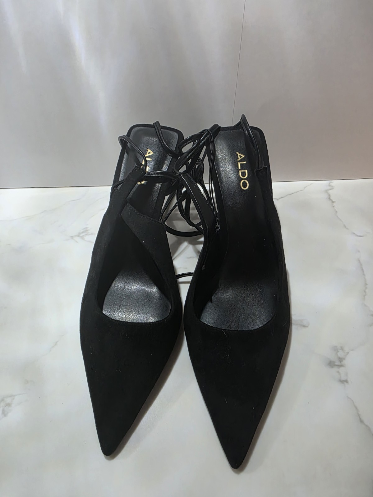 ALDO Black Polyurethane Pointed Toe Lace-Up Slingback Stiletto Heels 7M