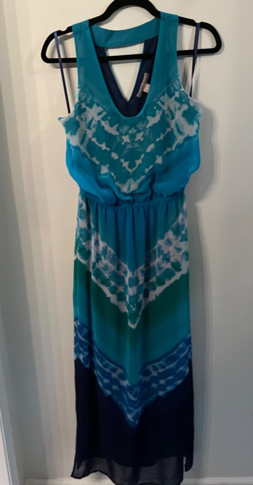 Banana Republic Women Teal Green Navy Sleeveless VNeck Maxi Dress Sz 4 Lined NWT