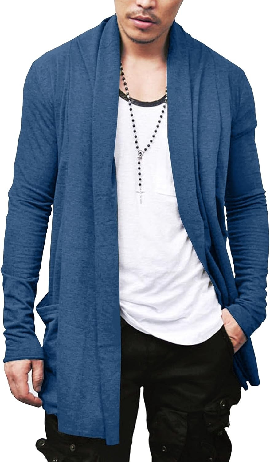 Men’s Lightweight Open Front Cardigan Longline Drape Sweater with Pockets Shawl
