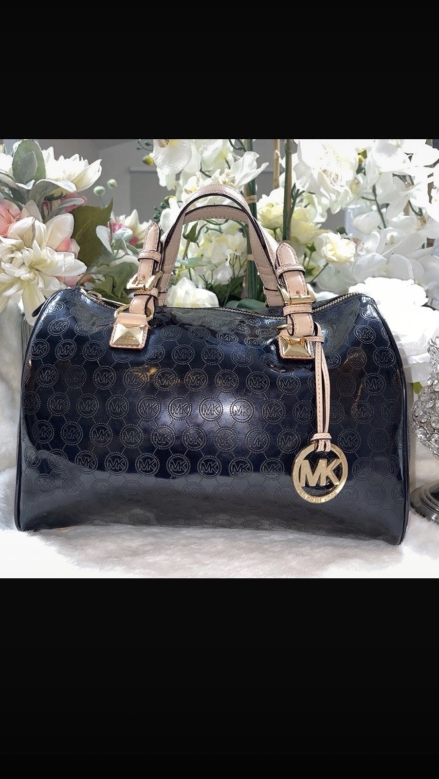 Michael Kors Black Beige Logo Satchel Zip Gold Hardware Charm Bottom Studs