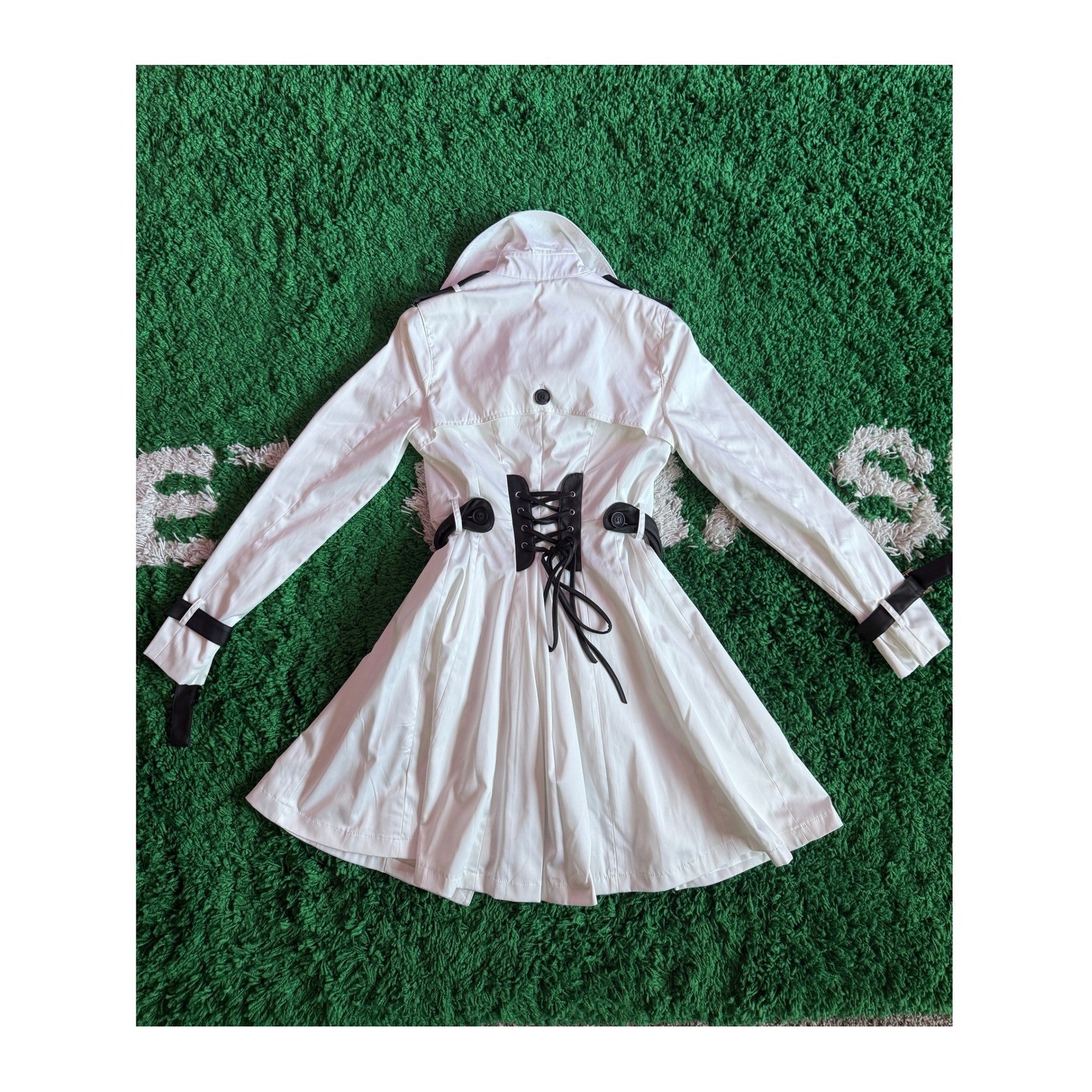 Windsor White Trench Coat Black Contrast Lace Up Back Double Breasted Small