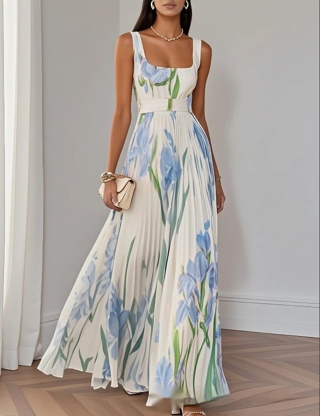Sleeveless Formal Pleated Printed Dress Women A-Line Elegant Party Summer Midi
