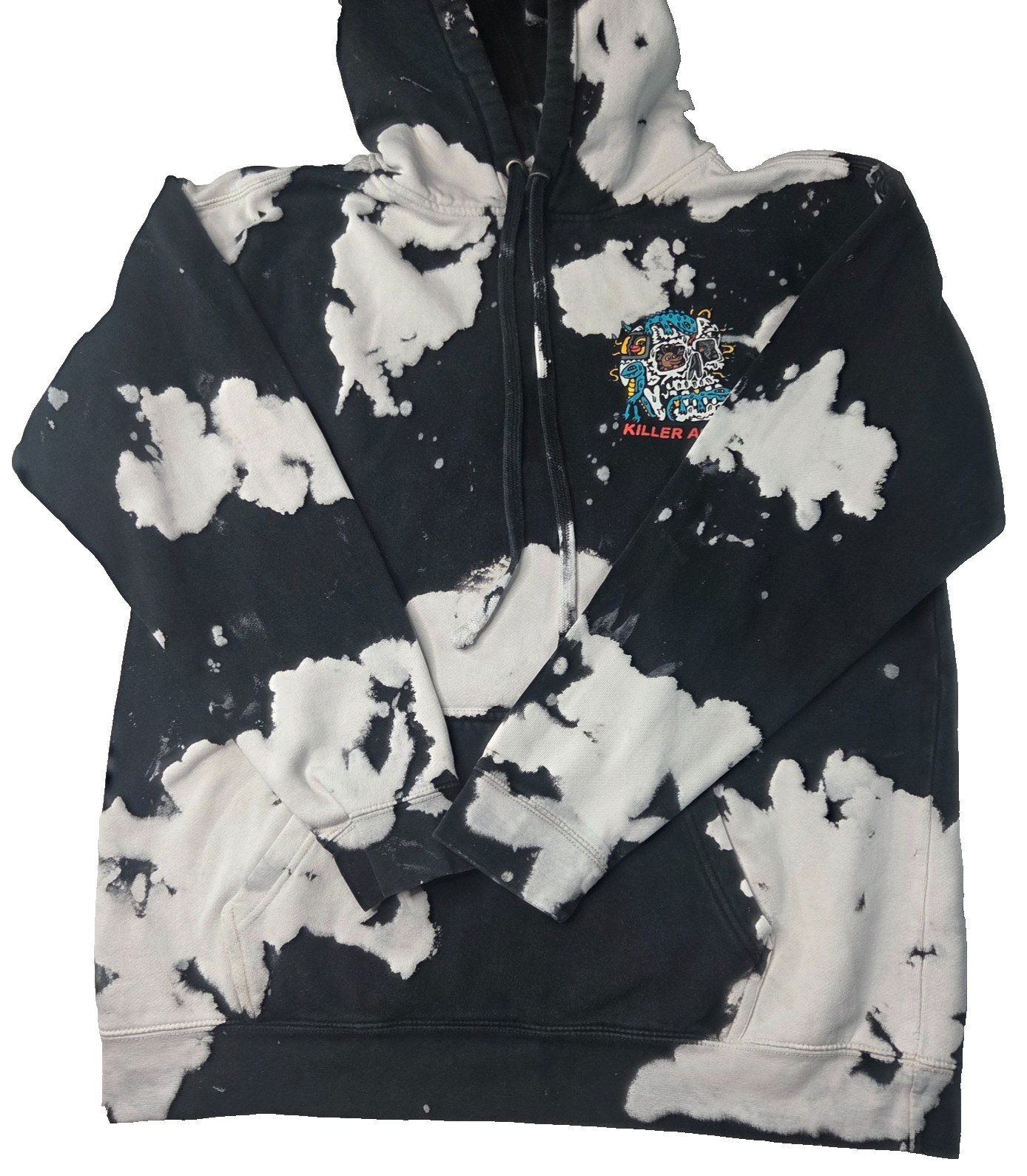 Killer Acid Bleach Dye Hoodie Medium Black White Graphic Skull Pullover