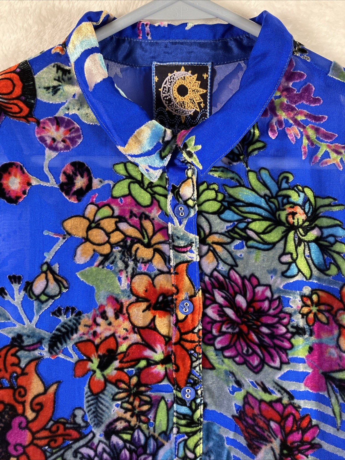 Johnny Was Seline Burnout Velvet Blouse Blue Floral Silk Blend Womens XS NWT