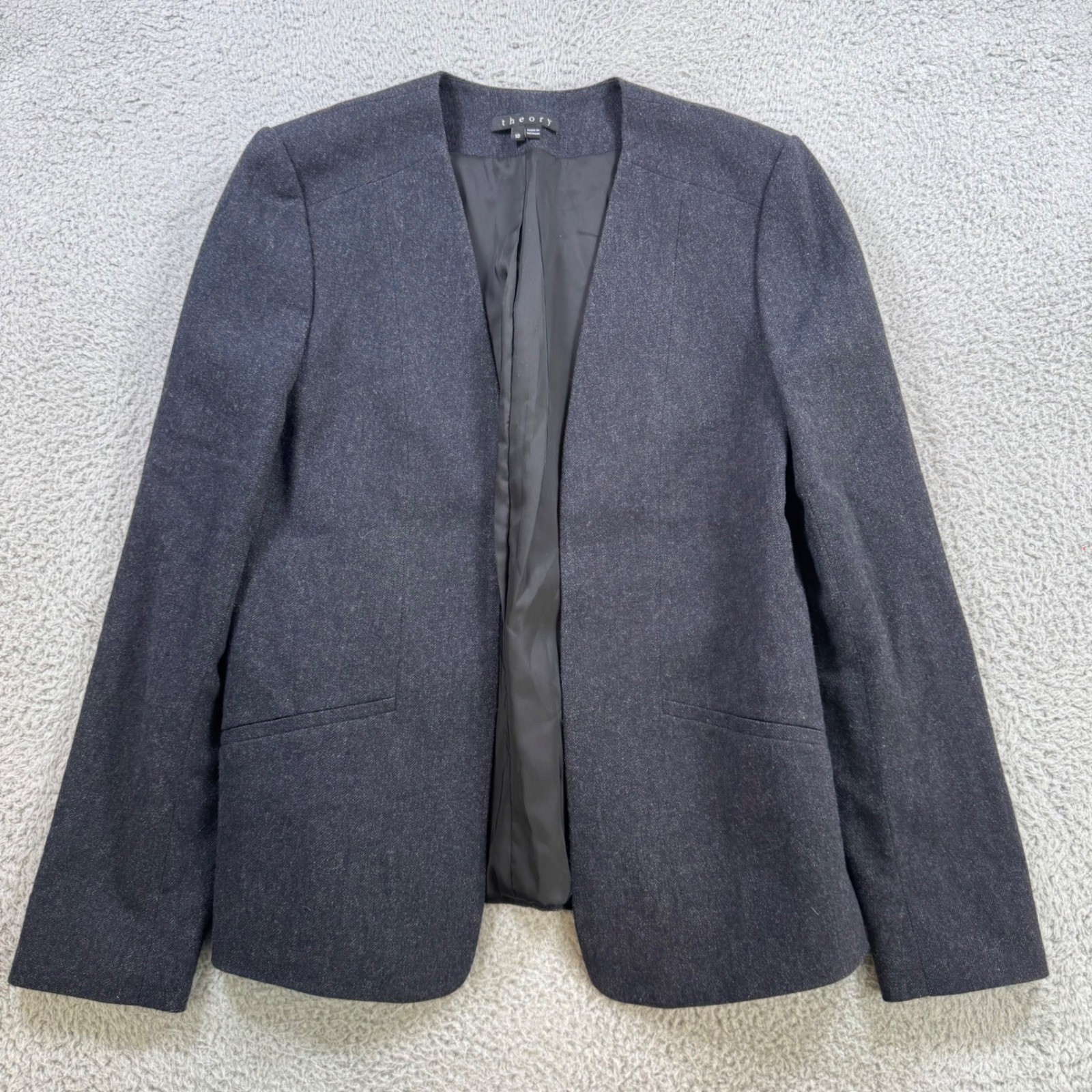 Theory Womens Gray Wool Blend Collarless Open Front Blazer Jacket Size 10
