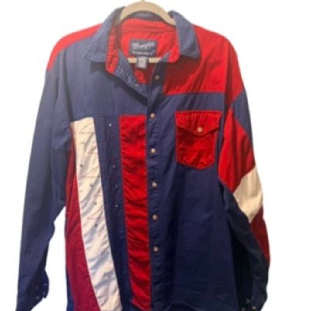 Vintage Wrangler Western Shirt Red White and Blue Colorblock Pearl Snap Shirt