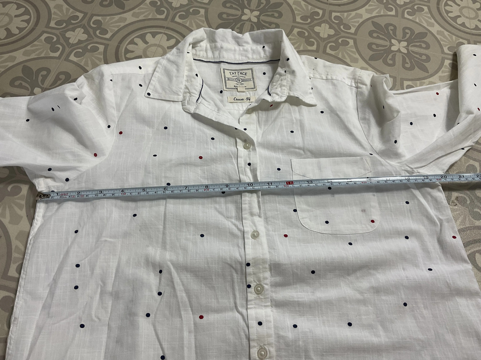 FatFace ladies white textured cotton deep navy & red polka dot blouse top UK 12