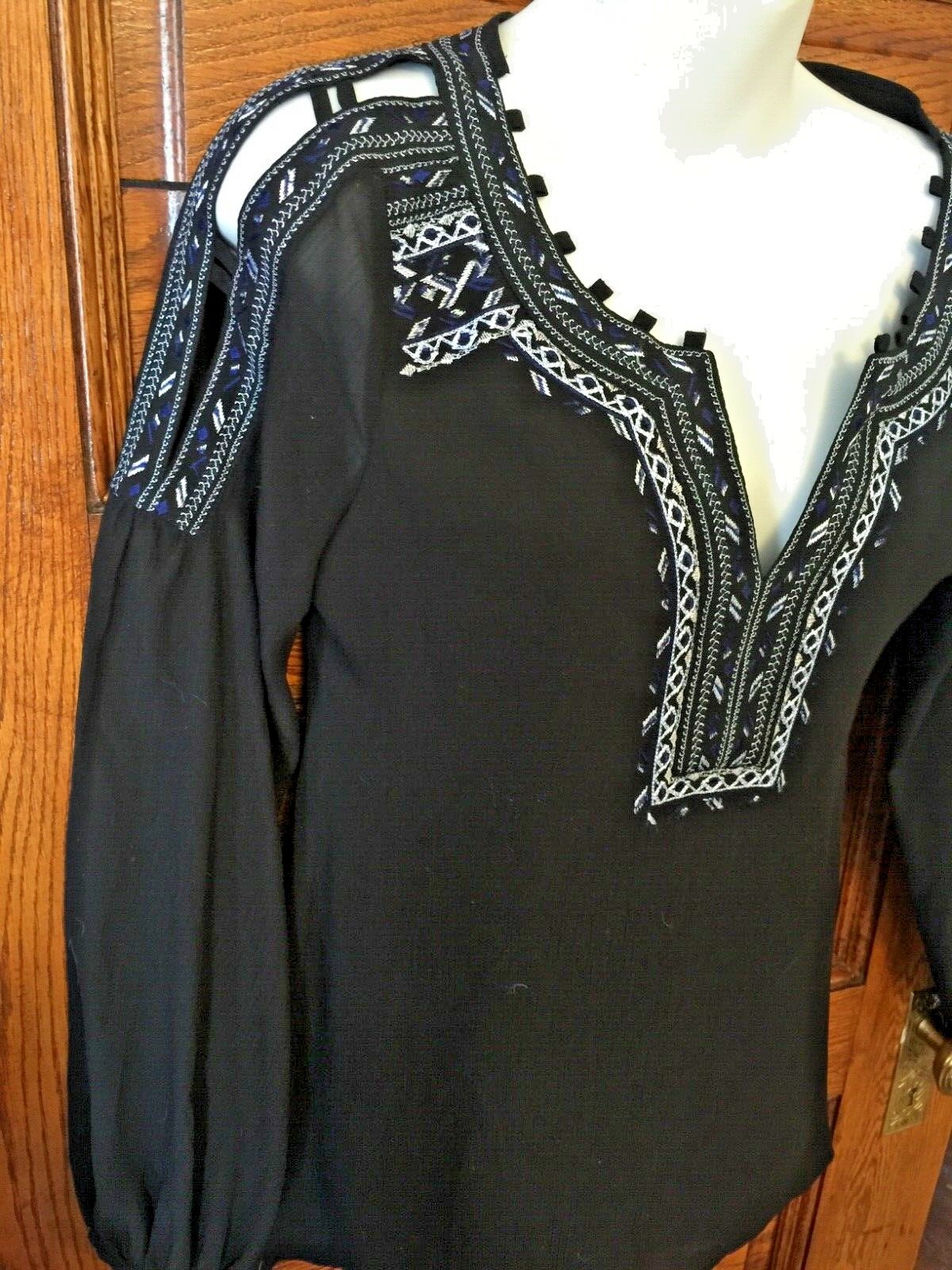 WHITE HOUSE BLACK MARKET Aztec Embroidered, Cold Shoulder/Sleeve, PEASANT TOP 2