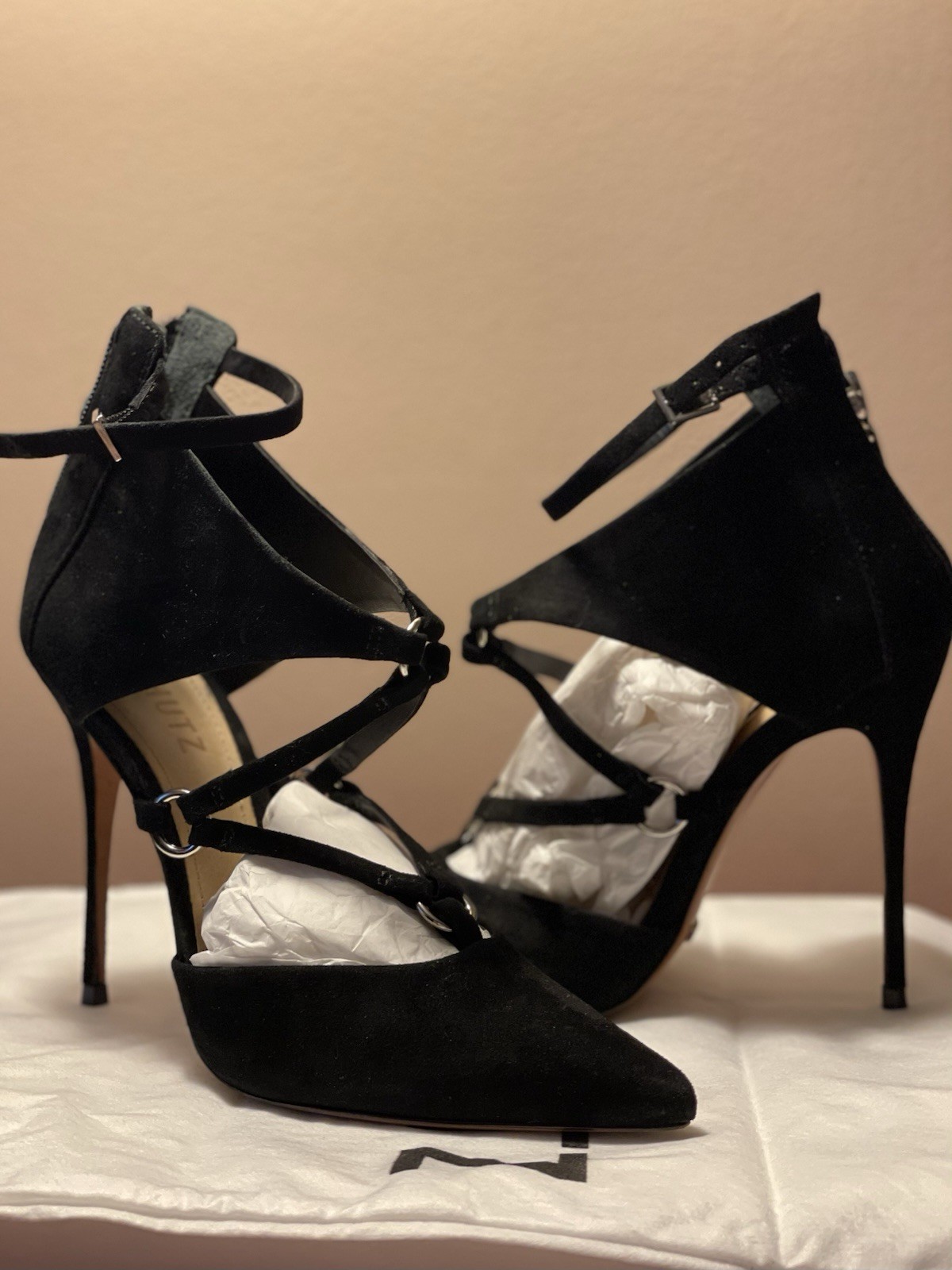 SCHUTZ Suede Strappy Pointed Toe Ankle Strap Buckle Zip Heels 6.5 Black