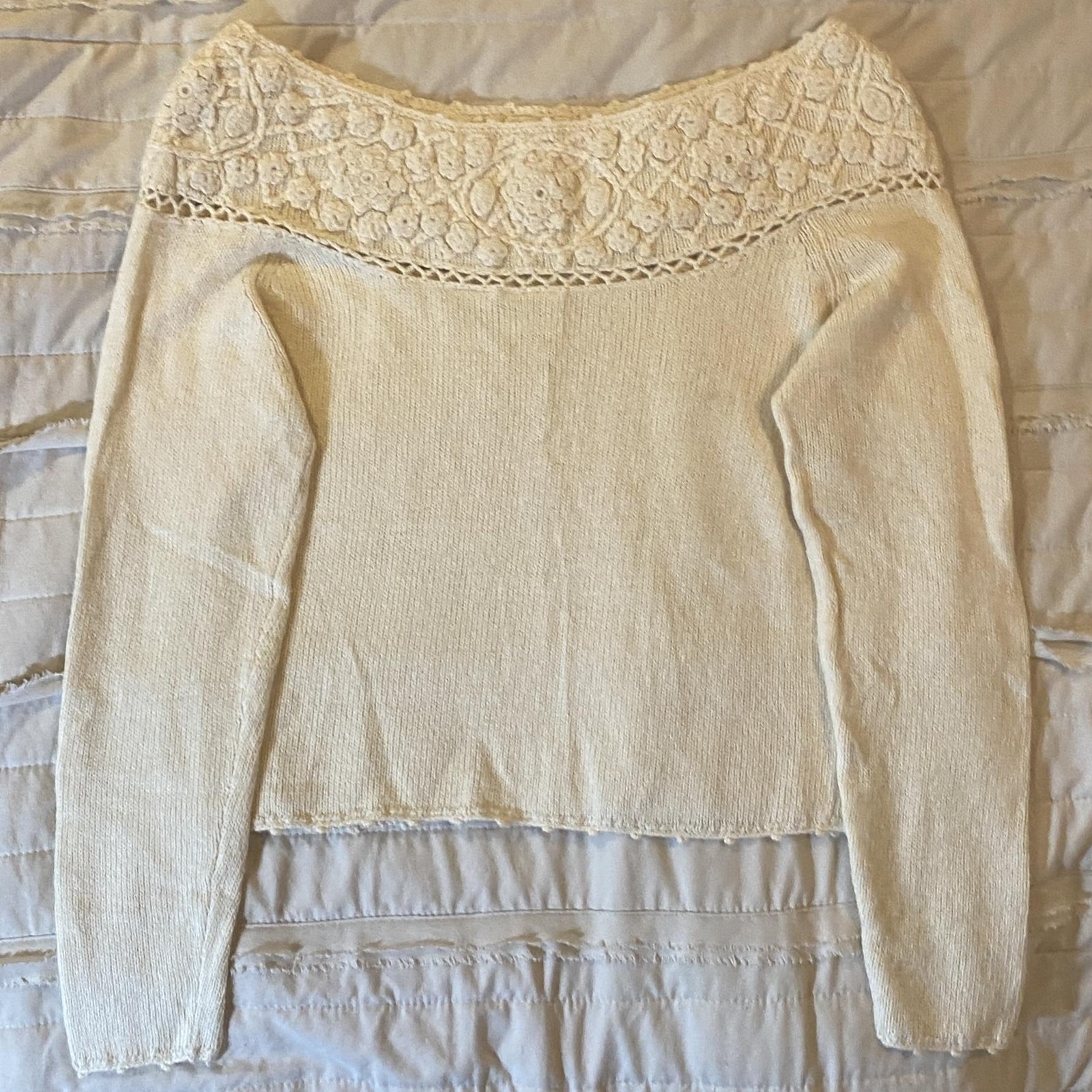 Vtg Styleworks Sweater Womens Small Cream Crochet Floral Crop Angora Ramie 90s