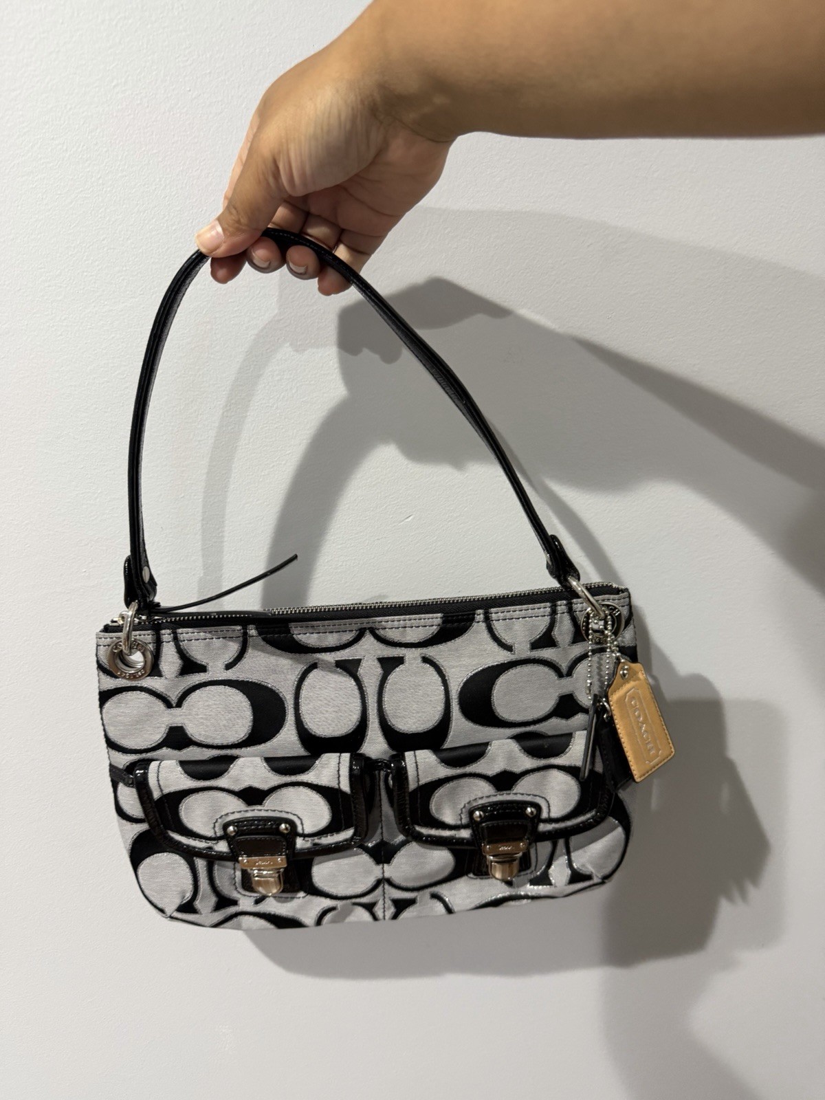 Coach Black & Gray Poppy Signature Sateen Shoulder Bag 18980 Purse F