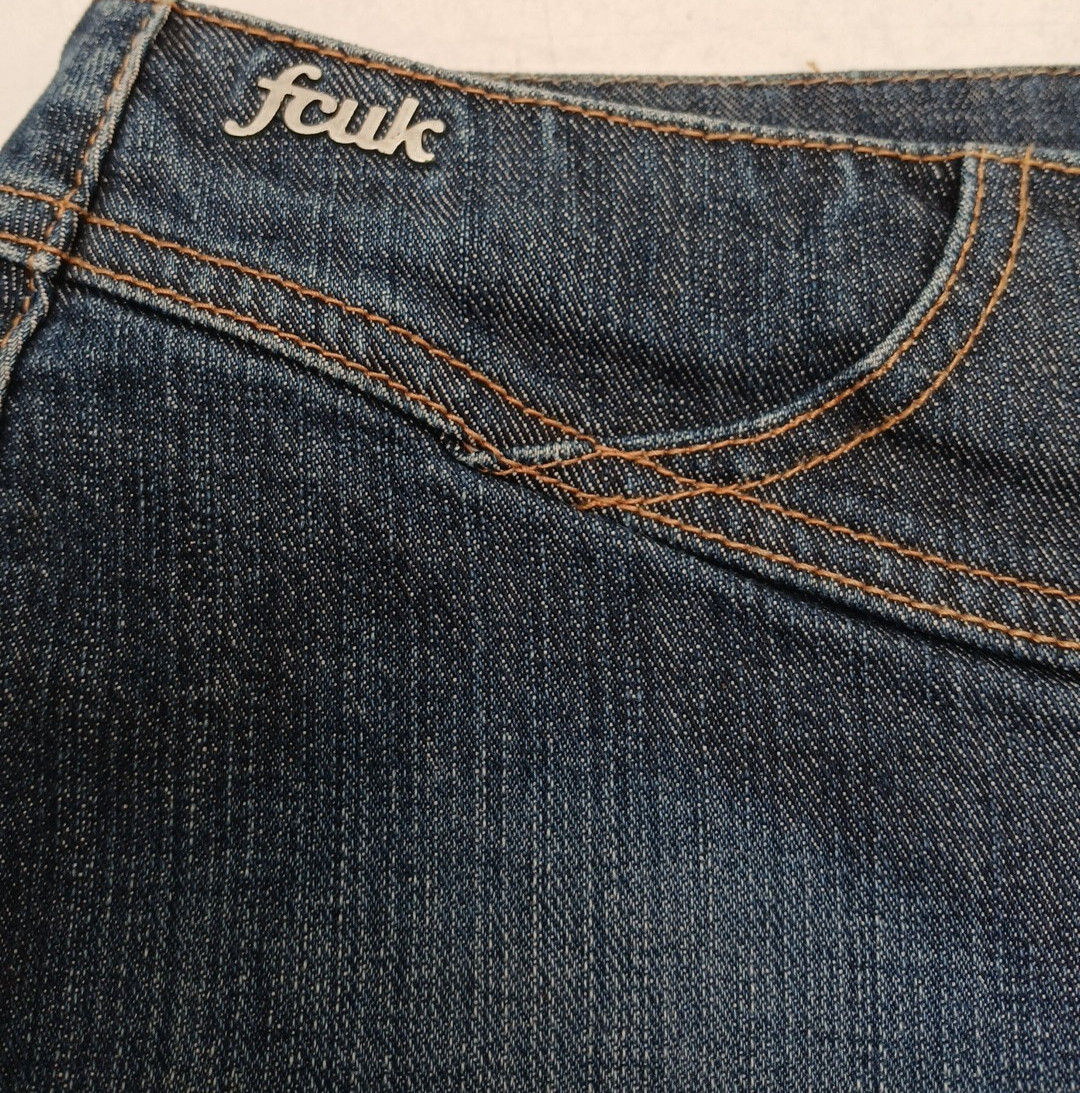 French Connection FCUK Denim Mini Skirt UK 14 Metal Logo Tag Zip and Hook Close.