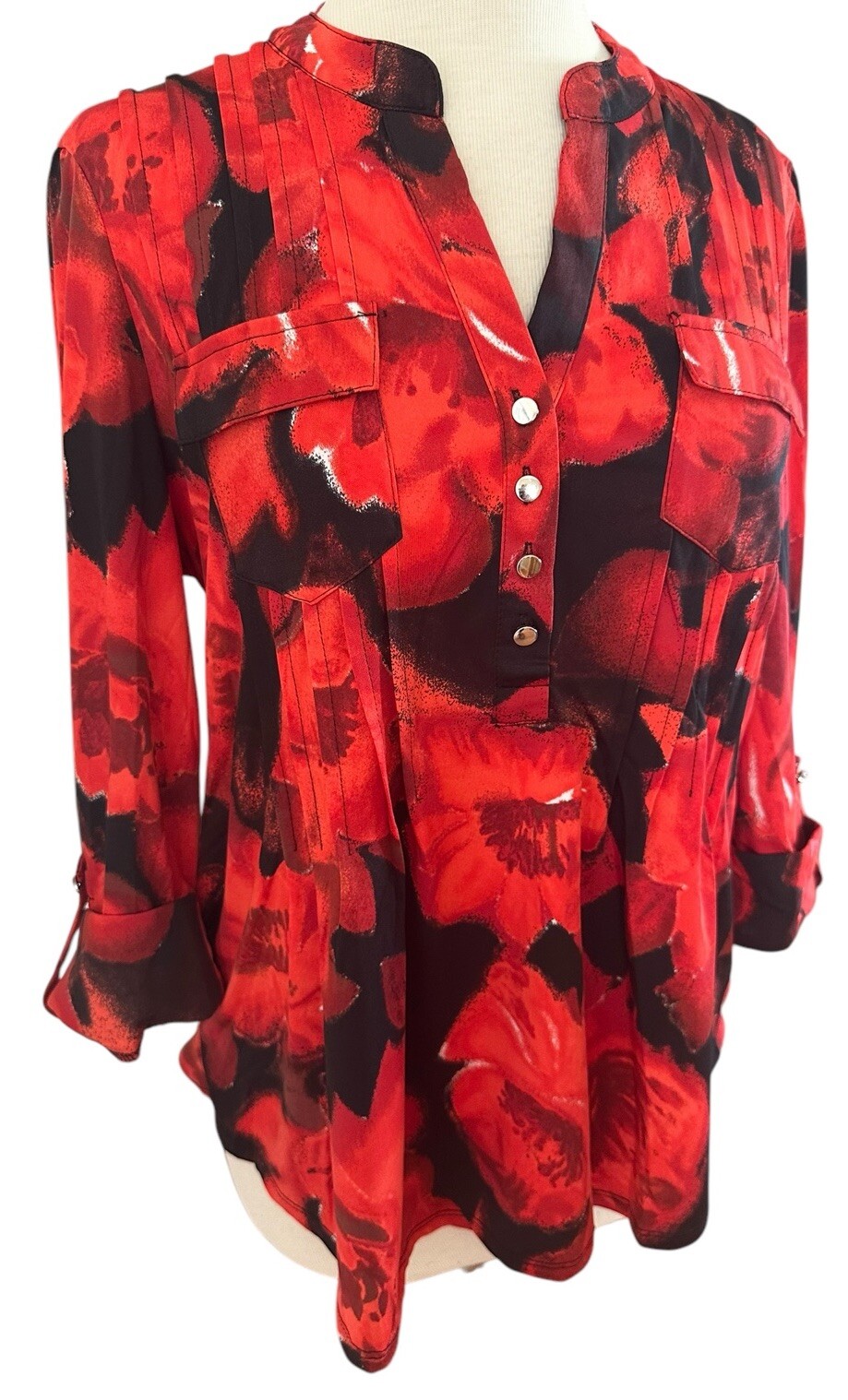 COCOMO XL Orange Red Black 3/4 sleeve women’s Pintuck Blouse Tunic shirt