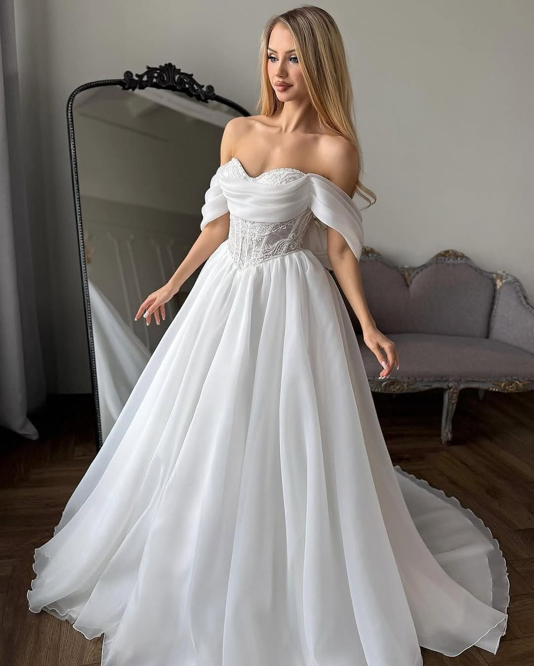 Classic Wedding Dresses Off The Shoulder Lace A Line Sweep Train Bridal Gowns