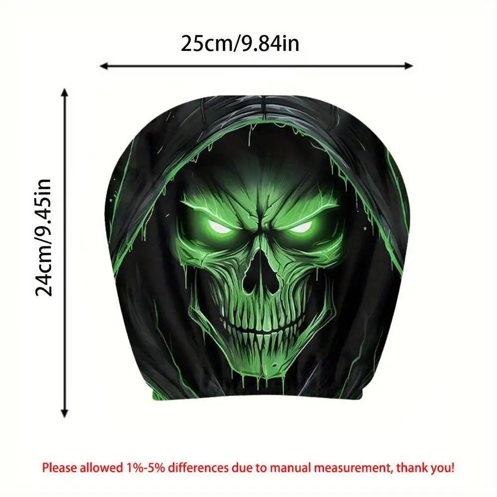 2x Green Glow Grim Reaper Skull Car Headrest Cover Hooded 2D Print Universal Fit