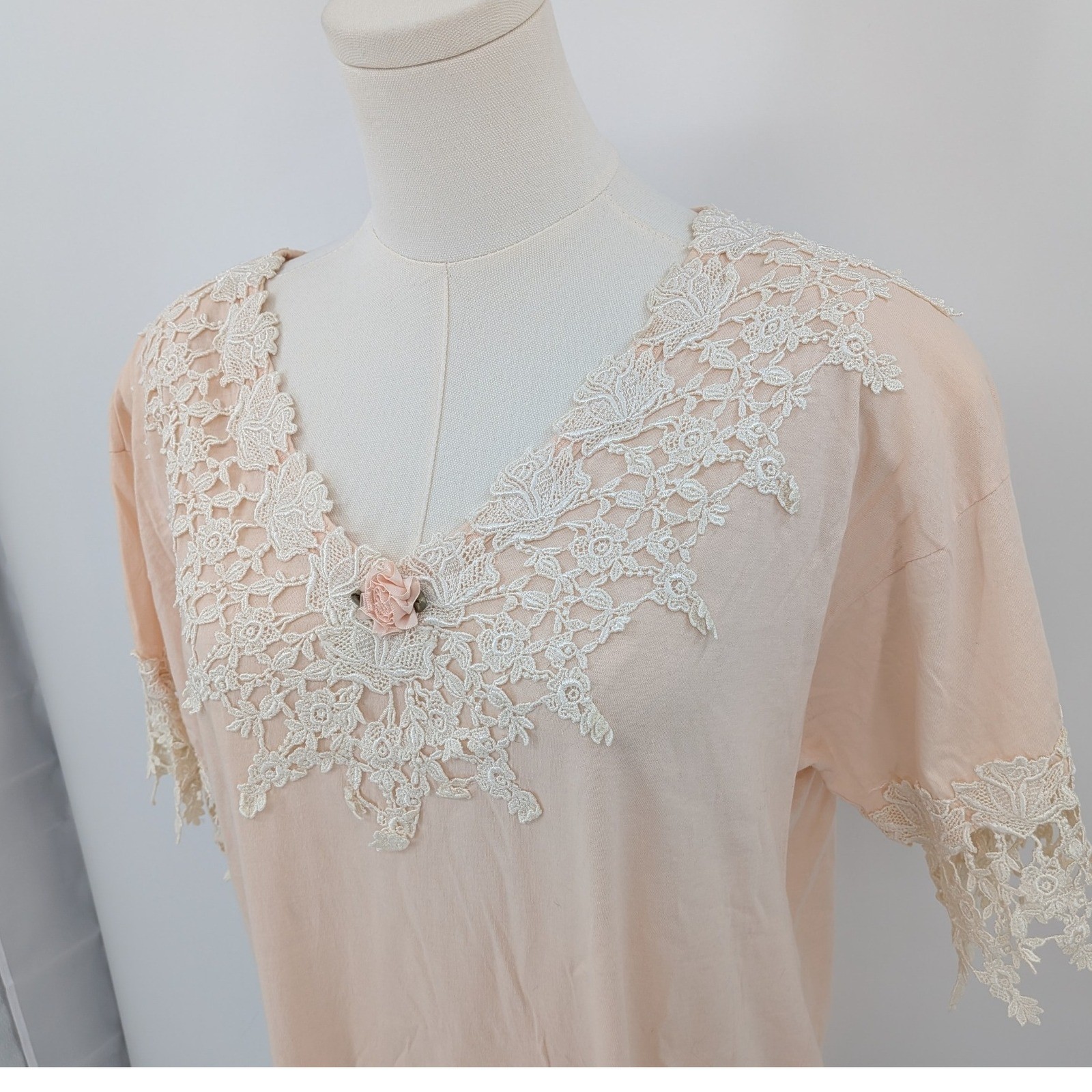 Vintage Magnet Art Peach Lace Applique Top L Cotton Romantic Cottagecore Blouse