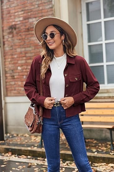 Womens Fashion Cropped Corduroy Shacket Button Down Fall Long Sleeve Top