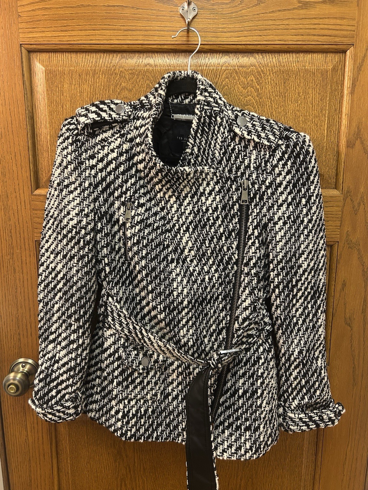 Ted Baker London Women’s White Wool Roseby Belted Wrap Biker Jacket Size 4