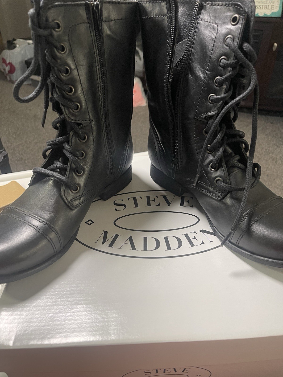 Steve Madden Troopa Black Leather Lace-Up Combat Boots Zipper Cap Toe US 7