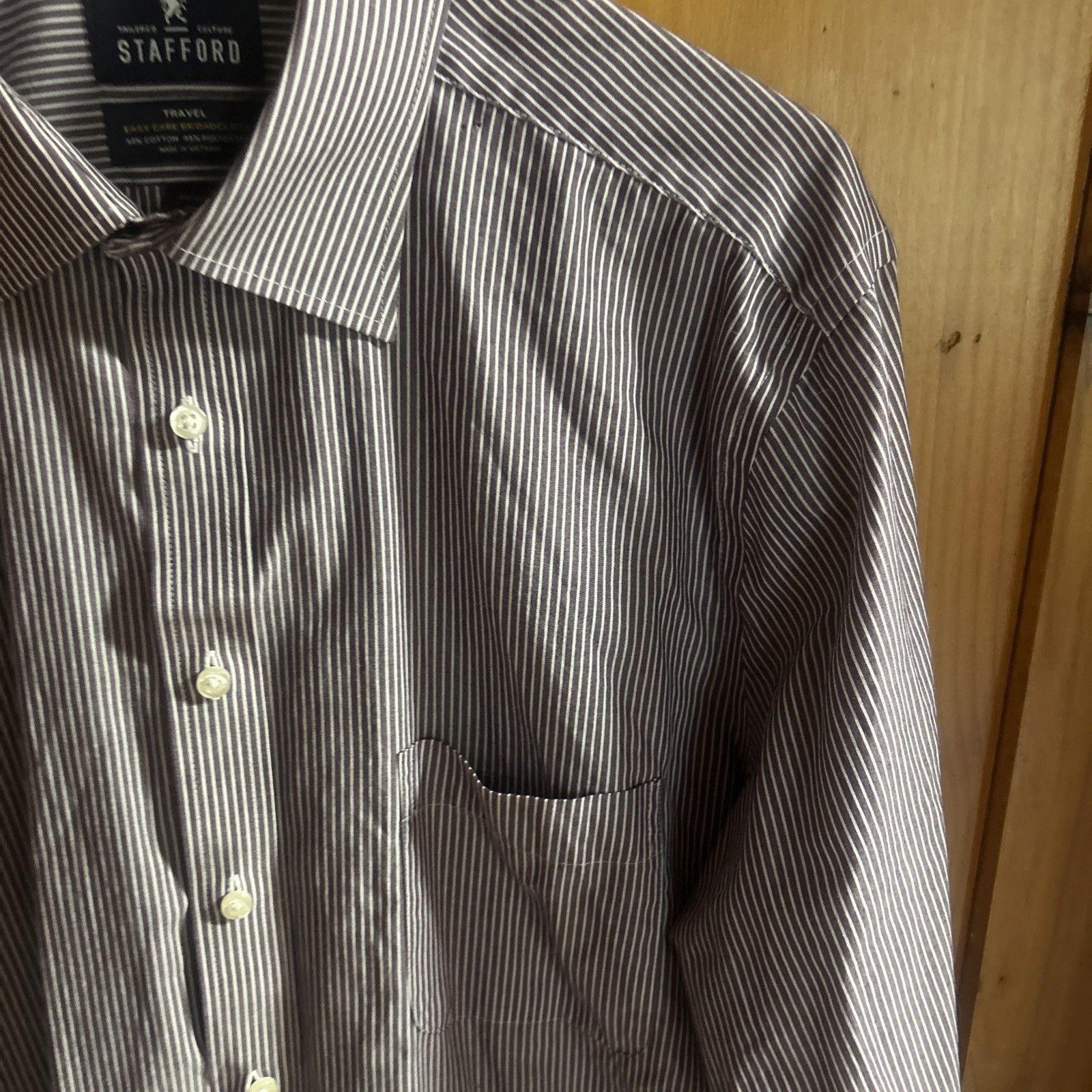 Stafford Travel Easy Care Purple Stripe Broadcloth Long Sleeve Size 16 32/33 EUC