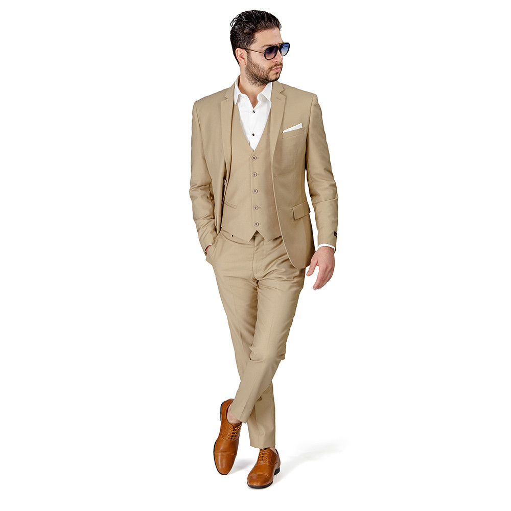 Tan Beige Slim Fit Men Suit 2 Button Notch Lapel Azar Man Vest Optional 4030-10