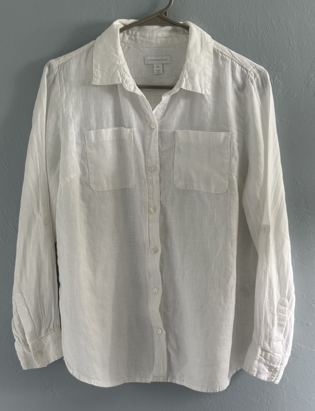 CHARTER CLUB 100% Linen Shirt Womens MP White Button Front Shirt Roll Tab Sleeve