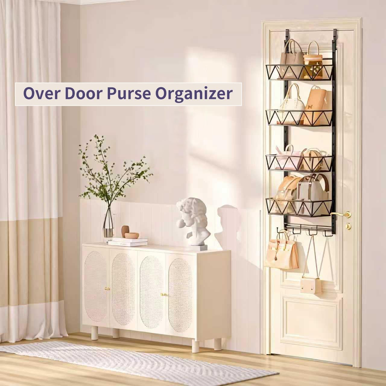 Purse Organizer Over The Door – 5 Tier Handbag Organizer with 4 Adjustable Metal