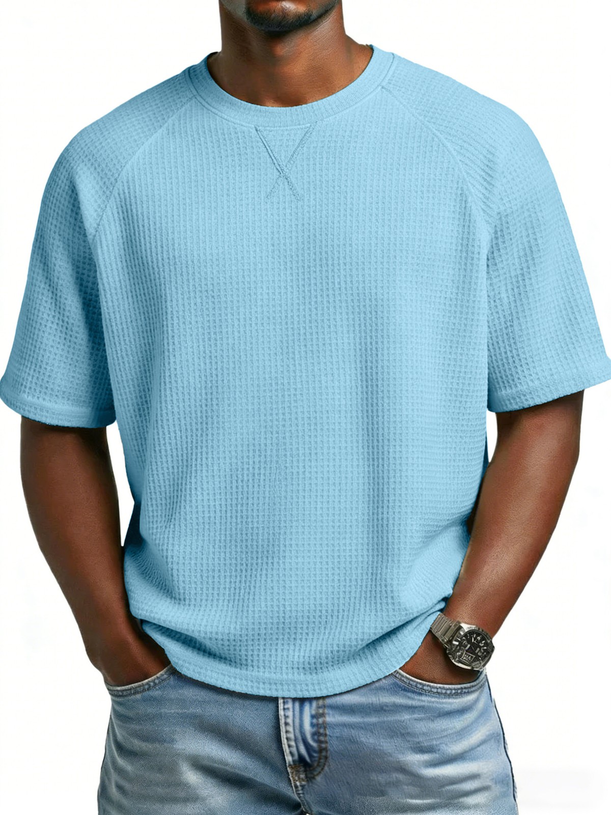 Men’s solid color embroidered raglan crew neck casual sports short sleeve