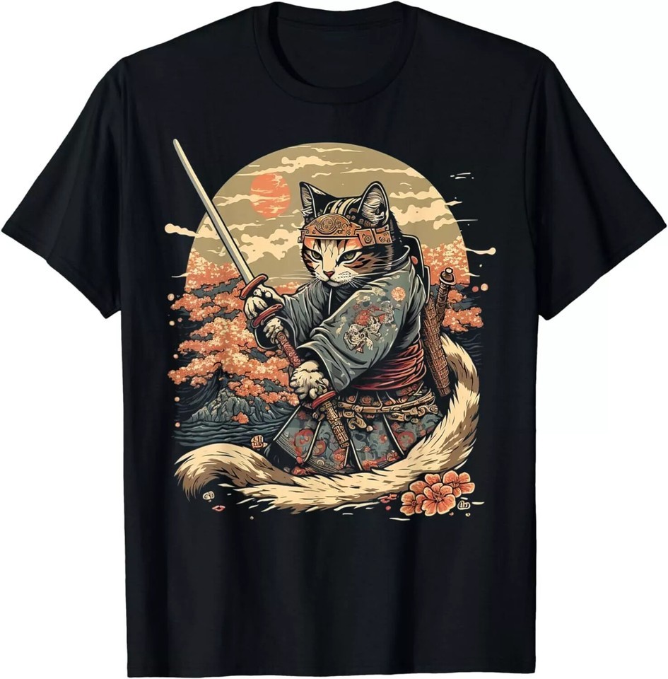Japanese Art Cat Ninja Anime Samurai Cat T-Shirt, S-5XL, Made in US