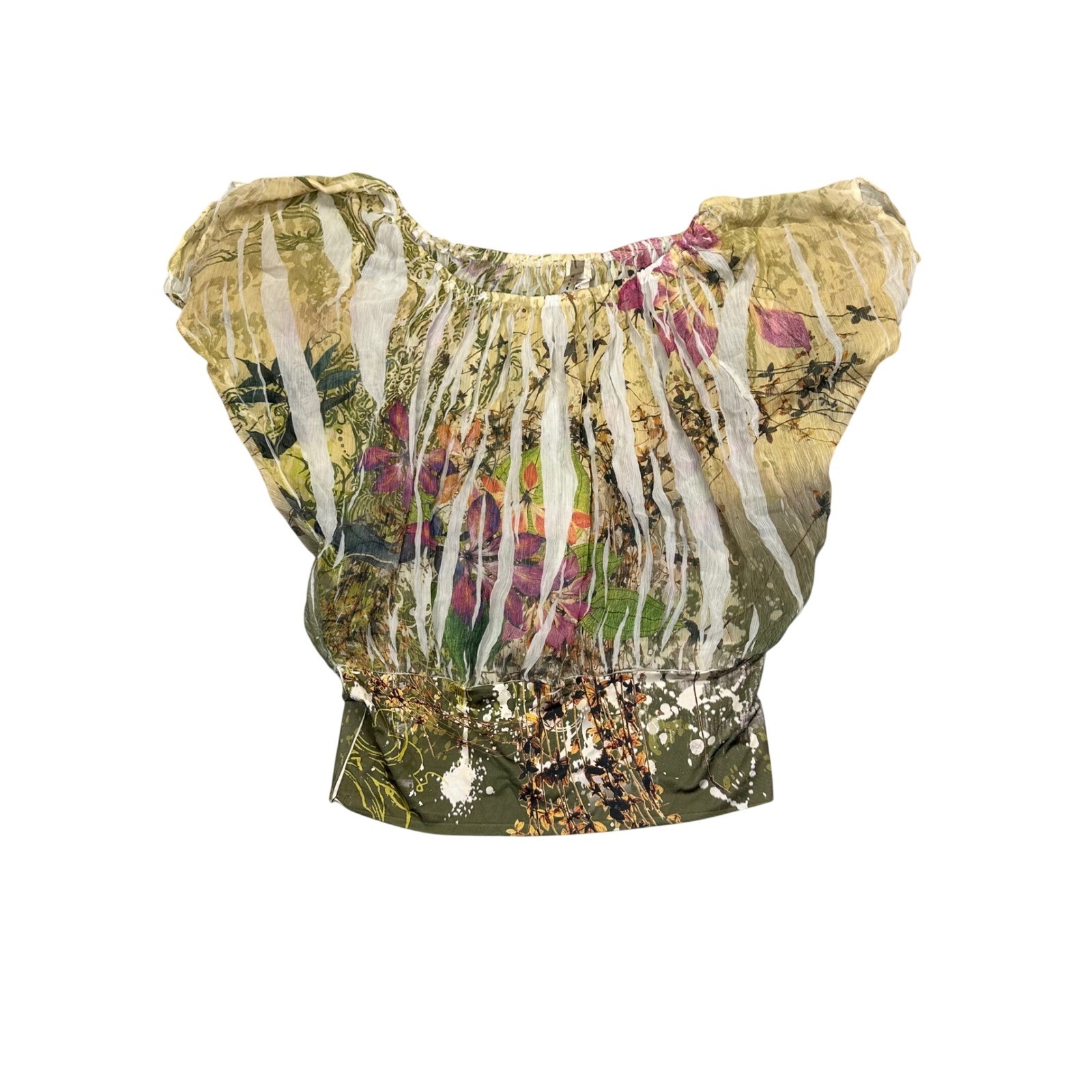 Voice Womens Floral Sheer Blouse Green Purple Off Shoulder Smocked Top Size M
