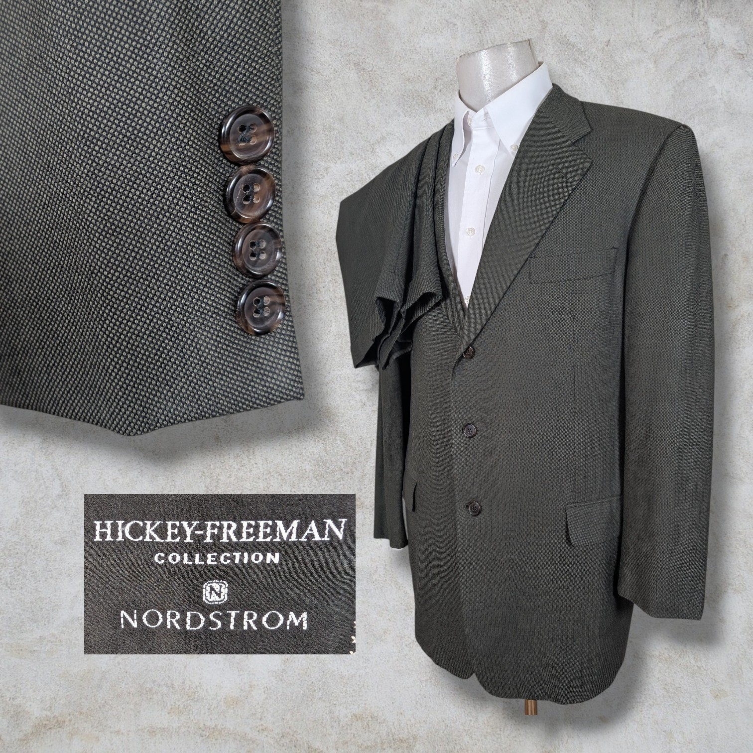 Hickey Freeman 2 Piece Suit Mens 44L Pants 38×31 Green Birdseye Three Button