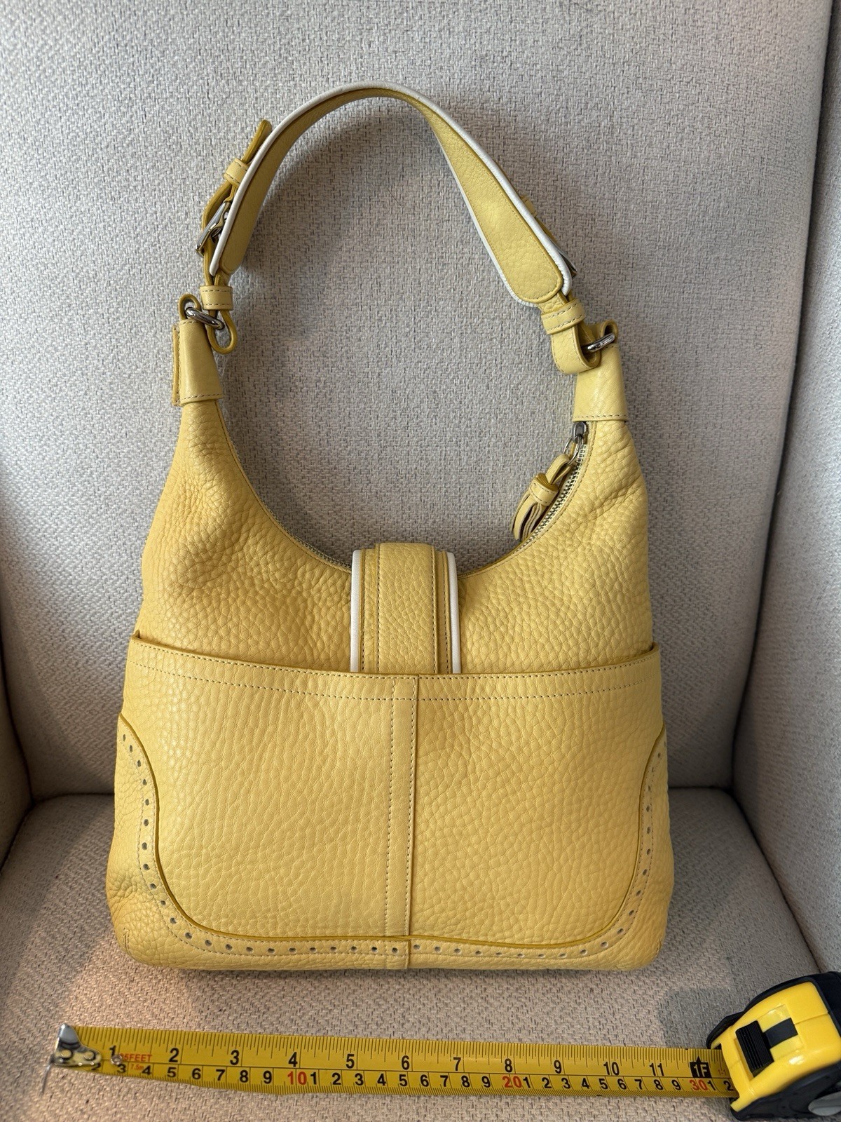 Coach Yellow Pebbled Shoulder Bag Zip Top, Silver Hardware, Buckle Accent