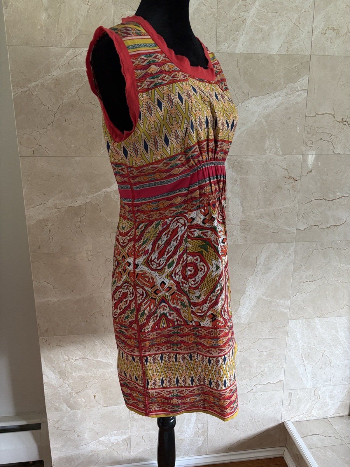 Y2K Alberto Makali Mini Smocked Shift Dress — M Red Yellow Boho Summer Party