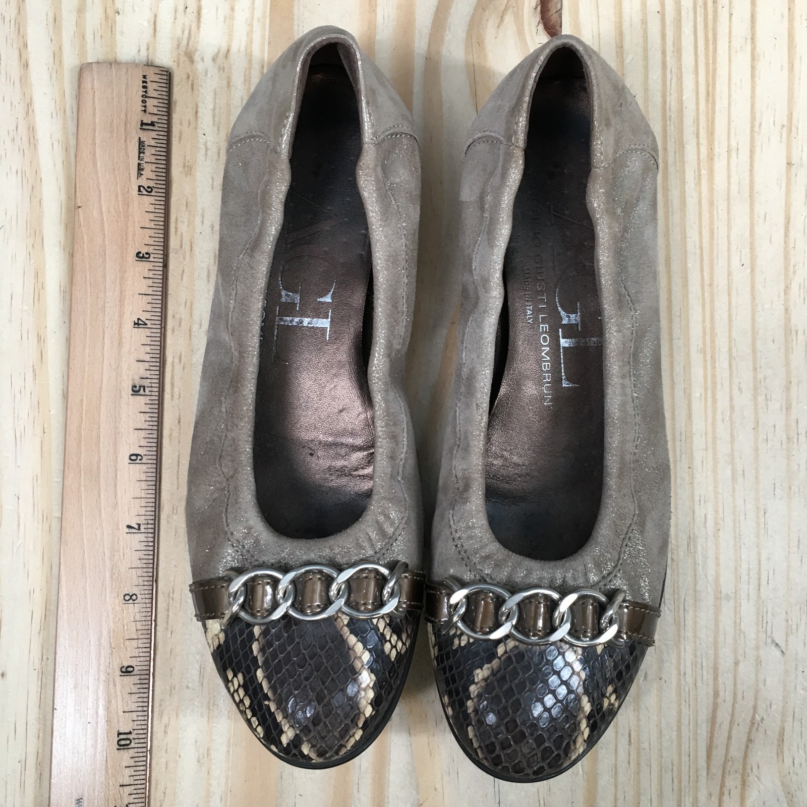 AGL Attilio Giusti Leombruni Womens 36.5 Taupe Suede Ballet Flats Snake Skin