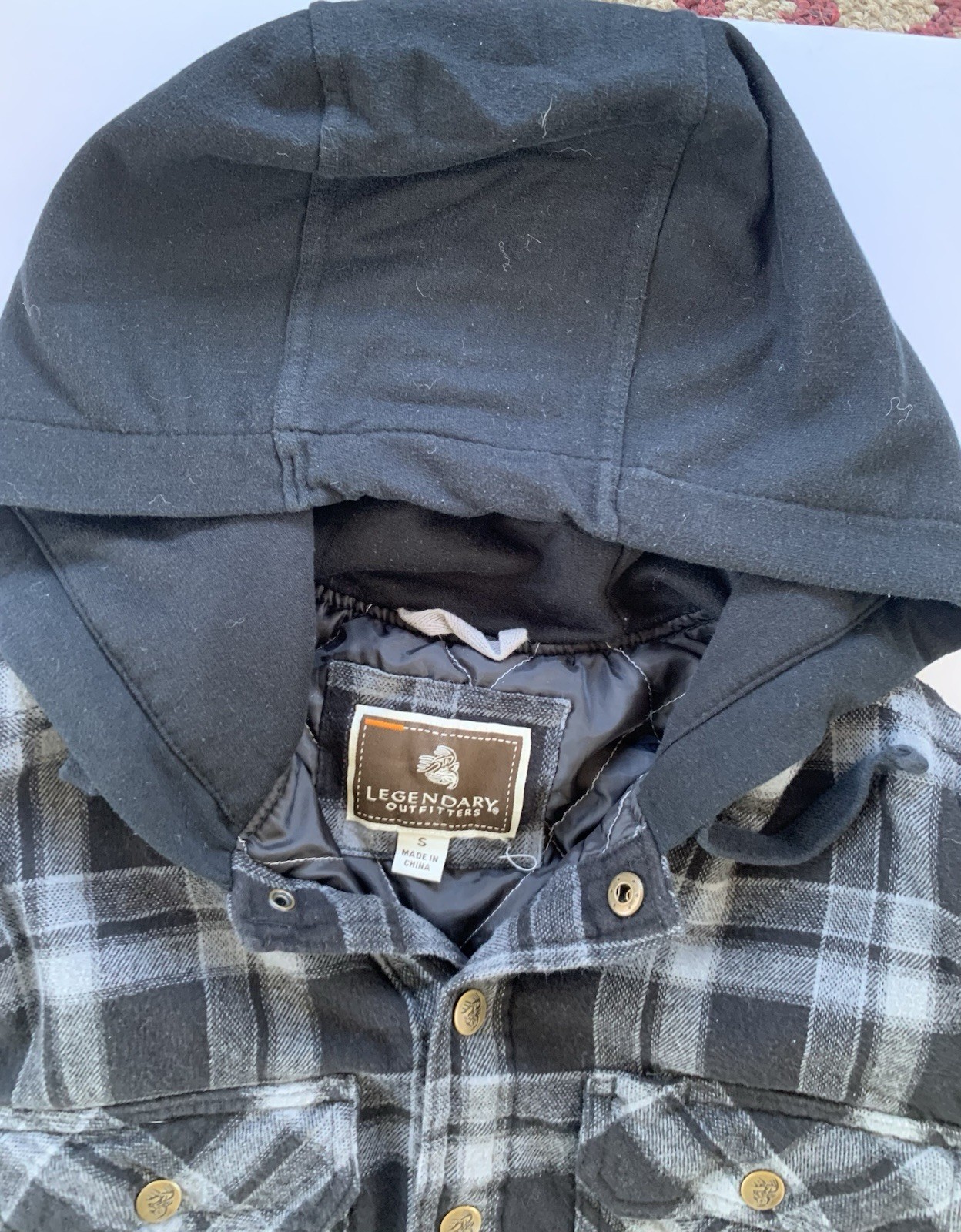 Plaid Jacket Legendary Outfitters Flannel Hiking Quilt Lined Hooded Sz S Black
