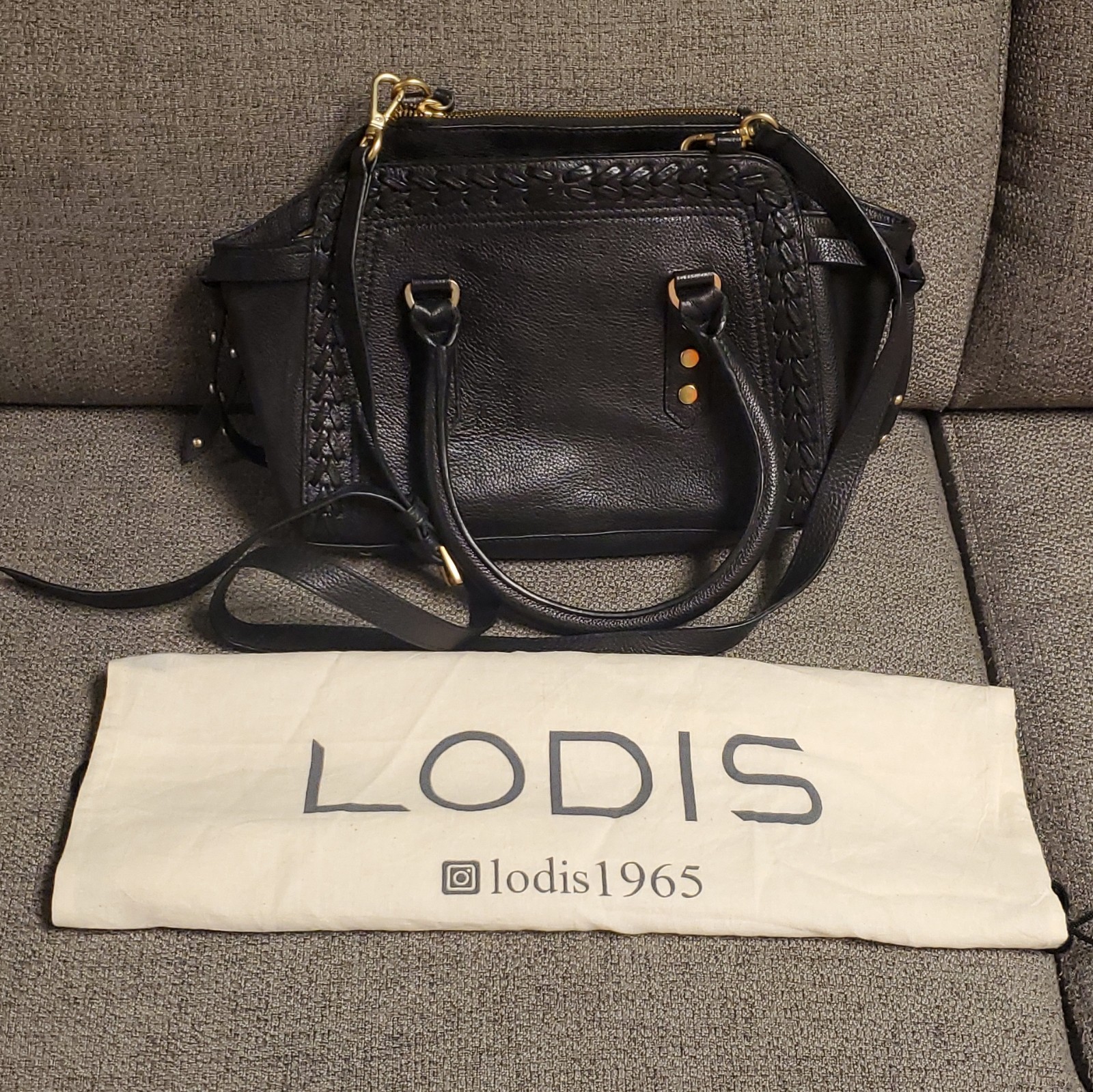 Lodis Black Small Pebbled Satchel Zip Top Handle Bag Strap Dust Bag Gold