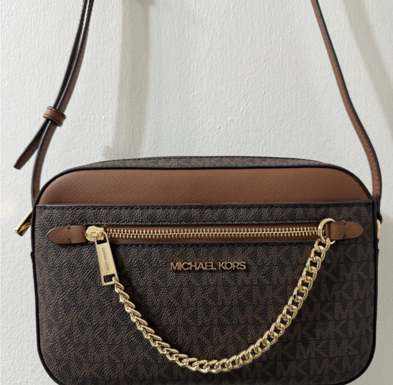 Michael Kors Brown Logo Small Crossbody Bag Gold Chain Zip, Detachable Strap