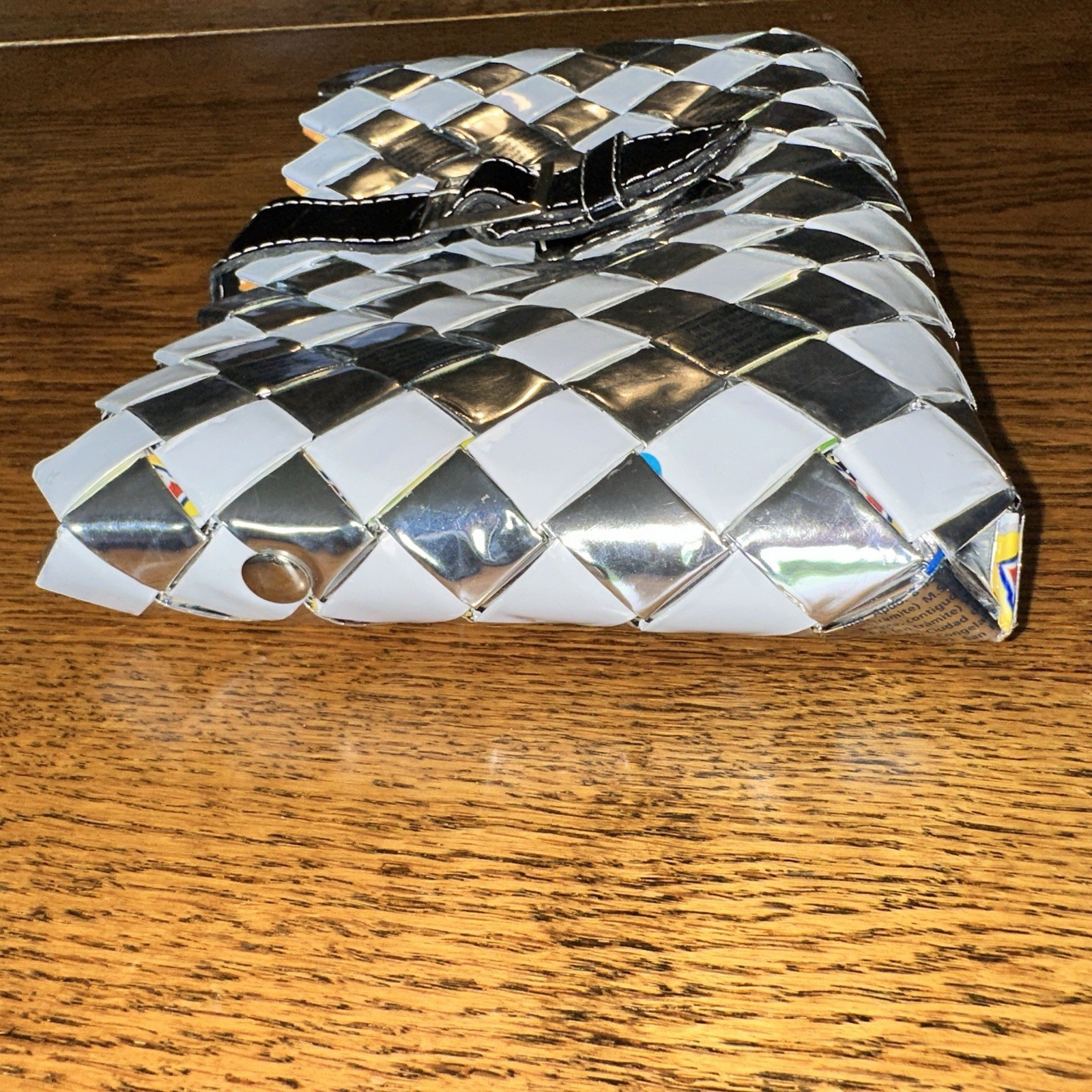 Nahui Ollin Y2K Woven Candy Wrapper Clutch Bag Purse Silver White Glossy Buckle